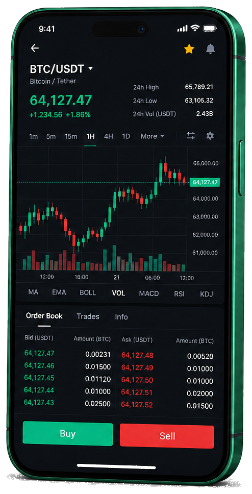 Plataforma de trading Pacífico Valoría en smartphone — gráfico en vivo BTC/USDT, libro de órdenes e interfaz para comprar y vender